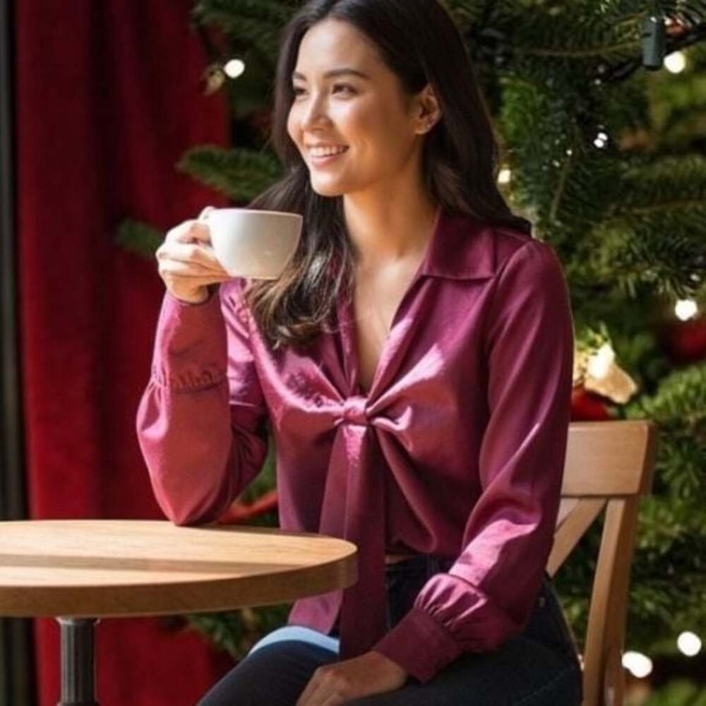 Women's Burgundy Satin Long Sleeve Collared Blouse Size S